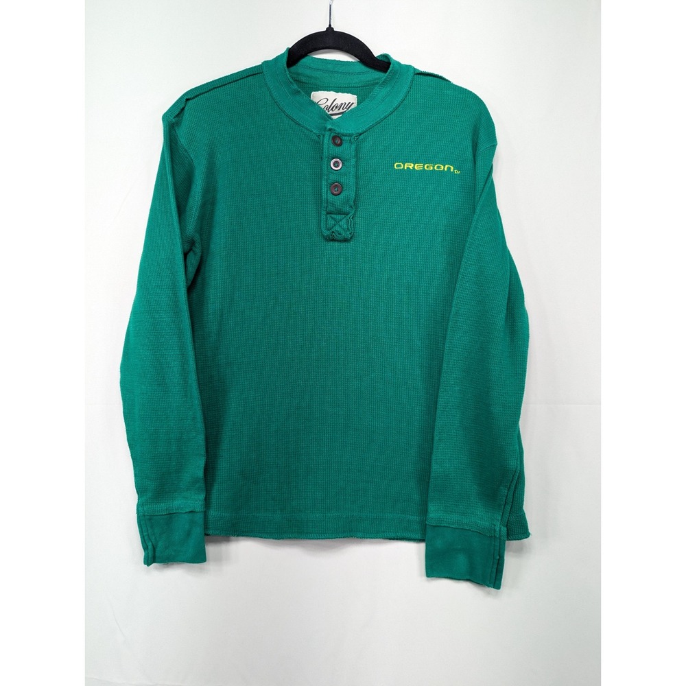 Colony Oregon Ducks Green Waffle Knit Long Sleeve Henley‎ Shirt Mens M
